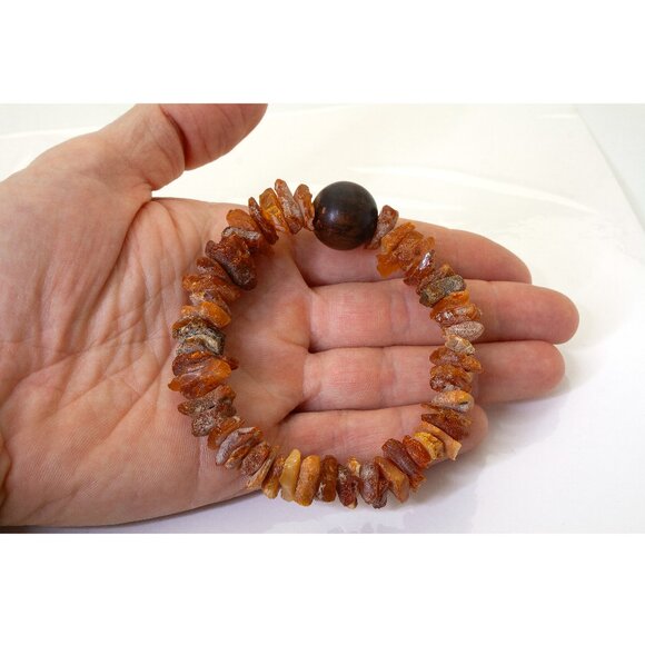 Natural Baltic Amber Bracelet, Real Amber Beads With Agarwood Bead, Unisex Style - Picture 8 of 9